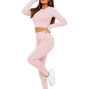 Pink Ribbed Solid 2 Piece Yoga Set Crew Neck Long Sleeve Crop Top High Waist Full Length Leggings Activewear Seamless - Product Image 2