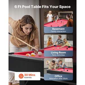 Ensemble de table de billard portable de 6 pieds pour usage familial, salle de loisirs, divertissement, comprend des boules, un support pour les queues, une craie, une brosse, un tissu noir et rouge - Product Image 6