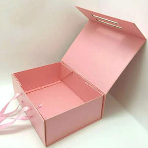 Elegant Pink Folding Gift <b>Box</b> with Ribbon Handle Luxury <b>Foldable</b> Pink Packaging <b>Box</b> with Ribbon Handle - Product Image 1