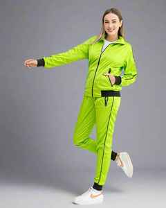 Survêtement vert néon pour femmes, manches longues, col montant, fermeture éclair, poches latérales, style sportif, vêtements de printemps - Product Image 1