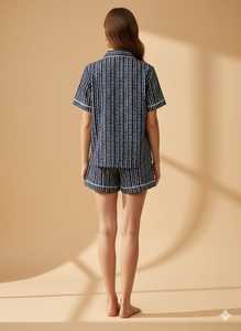 Conjunto de Pijama para Mujer, Cuello Camisero, 2 Piezas, Manga Corta, 100% Algodón, Transpirable, Suave, Lujoso e Informal - Product Image 3