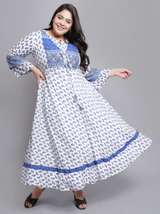 ชุดเดรส Anarkali Kurta สีขาว ผ้าวิสโคสเรยอน พิมพ์ลายดอกไม้ แขนยาว คอกลม ไซส์ใหญ่ สำหรับผู้หญิง สไตล์ชาติพันธุ์ ขายส่ง - Product Image 4