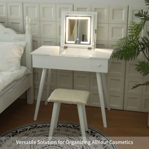 FCH <b>LED</b> Mirror <b>Vanity</b> Table Set Flip Top Makeup & Writing Desk with Cushioning Stool 2 Drawers for Dressing up - Product Image 6