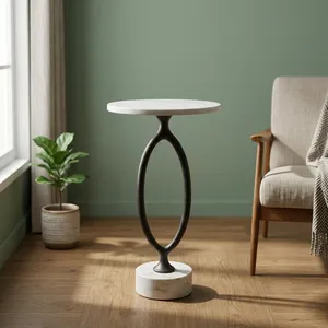 Modern White <b>Marble</b> <b>Top</b> <b>Side</b> <b>Table</b> with Black Metal Sculptural Pedestal Base Contemporary Accent Furniture for Home Decor - Product Image 5