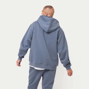 Sudadera con Capucha Azul para Hombre, Corte Holgado, Color Sólido, Diseño con Bolsillos, Ropa Casual de Otoño, Tejido de Felpa, 100% Algodón - Product Image 1
