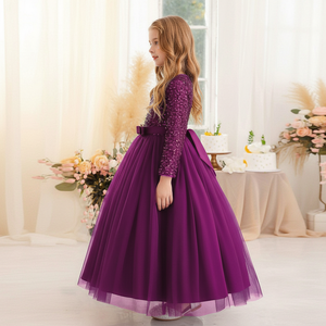 Elegante Vestido de Princesa Morado de Terciopelo con Lentejuelas Bordadas y Cuello en V para Niñas, Vestido de Fiesta, Venta al Por Mayor, OEM, ODM - Product Image 3