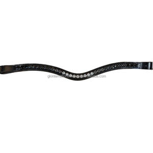 Banda Frontal para Caballo de Cuero Negro Premium con Forma de Ola, Canal Vacío, Incrustaciones de una Sola Hilera de Cristales Negros, Blancos y Transparentes, Cadena de Metal - Product Image 1