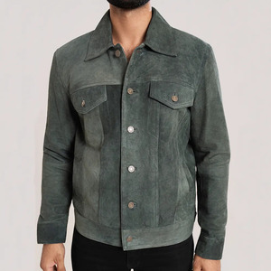 <b>Men's</b> Green <b>Suede</b> Leather <b>Jacket</b> Casual Autumn Wear Turn-down Collar Regular Fit Single Button Closure - Product Image 5