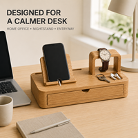 Organisateur de bureau moderne en bois sculpté écologique, support pour téléphone, support pour tablette, présentoir pour montre, tiroir de rangement, plateau de rangement, gestion des câbles