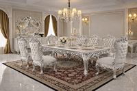 Ensemble de table et chaises à manger en bois massif italien antique, suite de salle à manger classique, acheter une table et des chaises à manger 6 places finition or antique