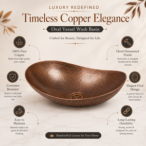 Handcrafted Oval Hammered Copper Vessel Wash Basin Luxury Countertop <b>Bathroom</b> Sink Designer Artisan Copper Basin for Home Hotel - Product Image 5
