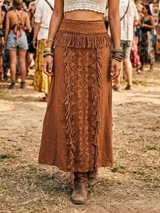Falda Maxi Asimétrica Estilo Bohemio para Mujer, con Volantes, Bordado Geométrico, Cintura Elástica, Algodón y Fibra de Bambú, Estilo Veraniego - Product Image 3