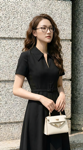 Robe midi élégante noire à col chemise pour femme, manches courtes, tenue de bureau, fabriquée au Vietnam, fournisseur OEM ODM - Product Image 3