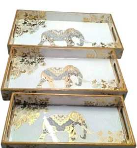 Juego de 3 bandejas de servir de madera con estampado en esmalte, color madera natural, tamaño personalizado, diseño Art Deco, elegante y lujoso, para Ramadán y Diwali - Product Image 3