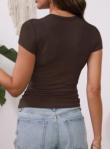 Women's Brown Crew Neck Short Sleeve <b>Slim</b> <b>Fit</b> T-<b>Shirt</b> Knitted Spandex Cotton Casual Print Anti-Wrinkle Breathable All Seasons - Product Image 2