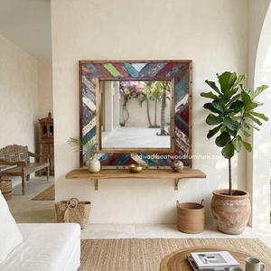 Handcrafted Rustic Eco-Friendly Durable Thick <b>Wall</b> <b>Mirror</b> Patchwork Reclaimed Boat Wood Original Color Living Room Bedroom Villa - Product Image 3