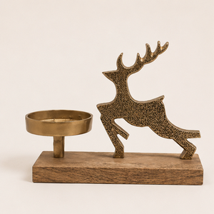 Premium Gold Reindeer Tealight Candle Holder With Natural Mango Wood Base Antique Metal Stag Table Centerpiece For Christmas - Product Image 4