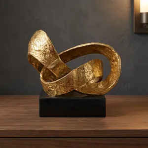 Sculpture métallique abstraite finition or, statue décorative moderne, objet de décoration de table avec base noire pour la maison, le bureau ou le salon - Product Image 5