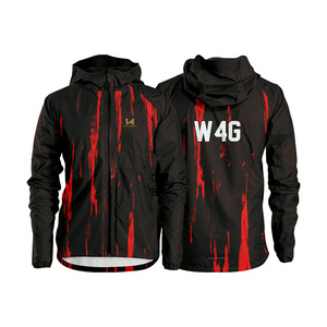 Veste coupe-vent à capuche bleu clair à imprimé géométrique pour homme, fermeture éclair sportive, logo personnalisé sur le devant, 100% polyester, vêtement décontracté de printemps - Product Image 6