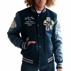 Veste universitaire unisexe noire en PU avec patchs brodés, col montant, fermeture boutonnée, style vintage, laine/polyester - Product Image 3
