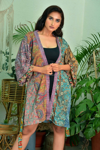 Elegant Silk Patchwork Short <b>Kimono</b> Robe for <b>Women</b> Multicolor Floral Print Patches Comfortable <b>Women</b> Robes For Summer Beach - Product Image 3