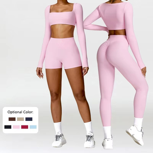 Conjunto de Yoga de 2 Piezas para Mujer, Top Corto de Manga Larga sin Costuras, Leggings de Cintura Alta y Largo Completo, Transpirable, Elástico, para Gimnasio, Fitness, Actividades Deportivas - Product Image 3