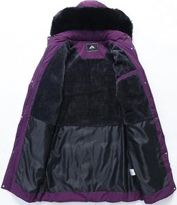Abrigo Largo Acolchado de Invierno para Mujer con Capucha de Piel, Cierre de Botones, Morado, Grueso, Cálido, Manga Larga, Color Sólido - Product Image 4