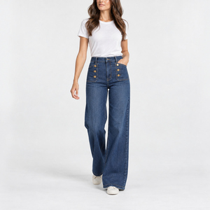 Jeans de Mezclilla Anchos de Cintura Alta para Mujer con Bolsillos de Parche - Lavado Snow Wash Tallas XS-6XL - Product Image 5