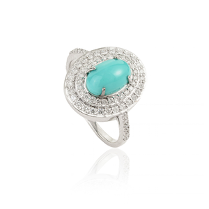 Factory Wholesale Price 14K Pure White <b>Gold</b> Genuine <b>Turquoise</b> & Diamond Double Cluster <b>Ring</b> Wedding Unisex Customized Jewelry - Product Image 3