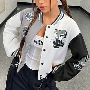 Varsity Jacket Women's Gray White Black Letter Print Full Sleeve Turn-down Collar Single Breasted Autumn Wear - Product Image 5