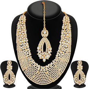 Parure Collier Long et Boucles d'Oreilles en Alliage Plaqué Or, Perles d'Imitation, Design Temples du Sud de l'Inde, Bijoux Ethniques de Mariage pour Femme - Product Image 5