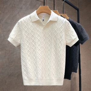 Polo en tricot à manches courtes pour homme, motif Argyle blanc, col classique - Product Image 3