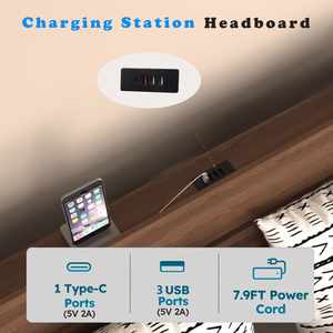 Queen Size <b>Floating</b> Wooden Bed <b>Frame</b> with LED Lights Charging Station Storage Headboard No Box Spring Required - Product Image 3