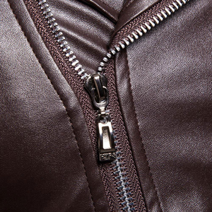 Veste en cuir marron pour homme, coupe slim, style motard, fermeture éclair asymétrique, multi-poches, cuir véritable, veste décontractée - Product Image 5