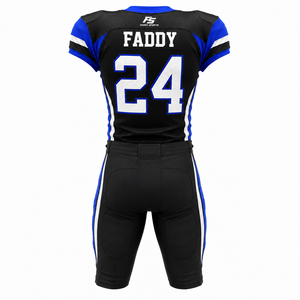 Ensemble d'uniformes de football américain personnalisés noir, bleu roi et blanc – Maillot rembourré en mesh et pantalon intégré – Tenue d'équipe à marque privée - Product Image 2