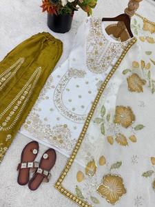 Salwar Kameez en soie blanche élégante avec broderie dorée pour femmes, tenue de mariage, vêtements traditionnels indiens et pakistanais - Product Image 4