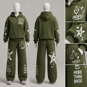 Conjunto Deportivo de Dos Piezas para Mujer, Sudadera con Capucha Verde Oliva con Estampado Gráfico de Corazones y Estrellas, Pantalones Jogger de Pierna Ancha, Ropa Casual de Calle - Product Image 3