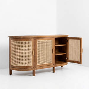 Aparador de Madera de Teca con Mimbre, Mueble de Almacenamiento de 4 Puertas, Aparador con Puerta Corredera para Sala de Estar Moderna, Cómoda Ovalada Curva - Product Image 3
