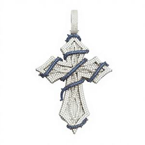 Iced Radiant Cut Moissanite <b>Charm</b> Cross Pendant Blue Accent Stones Rhodium 925 Sterling <b>Silver</b> Hip Hop Jewelry for Parties - Product Image 1