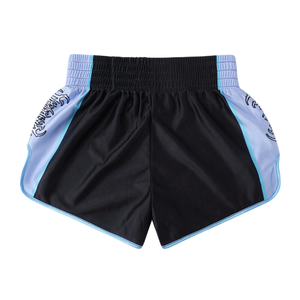 Shorts de sport pour hommes personnalisés, noirs et bleus, taille mi-haute, élastiques, séchage rapide, écologiques, avec logo satiné sur le devant – Vente en gros, les plus vendus - Product Image 2