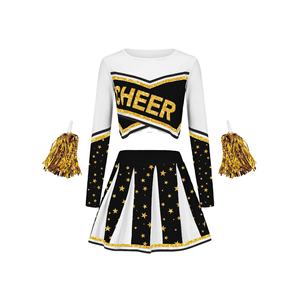 Uniformes de pom-pom girl pour adultes en gros, robe à manches longues et jupes personnalisées avec bordure dorée, uniformes de cheerleading en polyester - Product Image 6