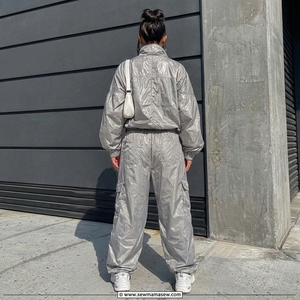 Women 2 Piece Tracksuit Set <b>Silver</b> Satin Sporty Loose Fit Full Length Jacket With Pocket Streetwear Athletic Wear Made in Pak - Product Image 2