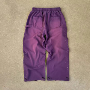 Pantalon de jogging unisexe en molleton de coton, coupe large, délavé à l'acide, style baggy évasé, avec strass, effet soleil éclairé, en toile, pour homme - Product Image 3