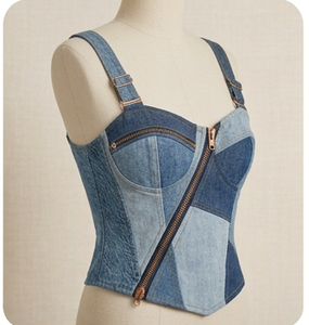 Denim <b>Patchwork</b> Corset Dress Zip Front Sleeveless Casual Dress for Streetwear Boutique - Product Image 6