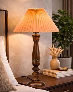 Floral Carved Wood <b>Table</b> Lamp Pleated Fabric Shade <b>Vintage</b> Nordic <b>Bedside</b> Floor Lamp for Home Hotel - Product Image 1