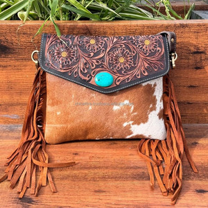 Bolsos cruzados de piel de vaca con flecos de cuero de girasol para mujer, bolso de piedra turquesa de cuero genuino y pelo occidental - Product Image 2