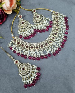 Handcrafted Round Stone Heavy Choker Necklace With Earrings And Mangtika Traditional Ethnic Designer Fashion <b>Jewellery</b> Wholesale - Product Image 1