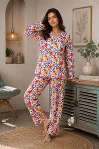 Conjunto de Pijama Elegante de Verano para Mujer, Estampado Floral, Cuello en V, Manga Larga, Algodón Suave, Secado Rápido, Ecológico y Cómodo - Product Image 2