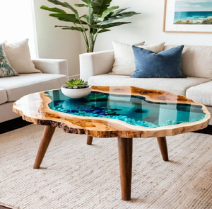 Cette table ronde en bois massif de style tambour, avec un fleuve vertical en résine bleue rempli de pierres, est disponible à prix de gros. - Product Image 6