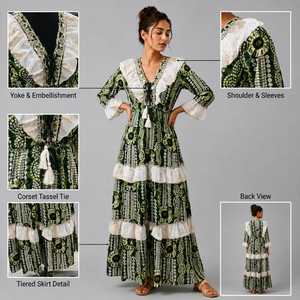 Robe longue bohème à imprimé floral avec volants, manches longues, coupe classique, taille élastique, style décontracté d'été, en rayonne pour femme - Product Image 2